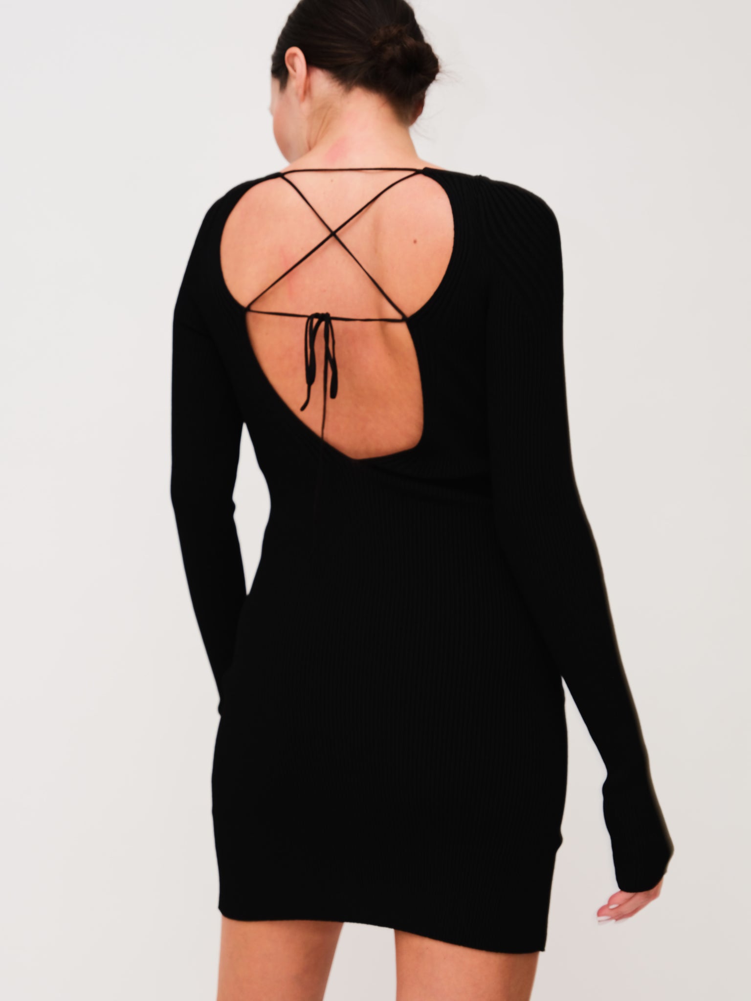 Long Sleeve Rib Dress With Front Neck Line Lacing